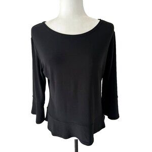 SYMPLI Top Blouse Size 10 Black Stretchy Jersey Knit Bell Cuffs Hem 3/4 Sleeves